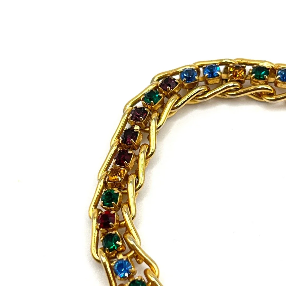 Vintage Rainbow Crystal Rhinestone Multicolor Gold Tone Chain Link Bracelet 6.5